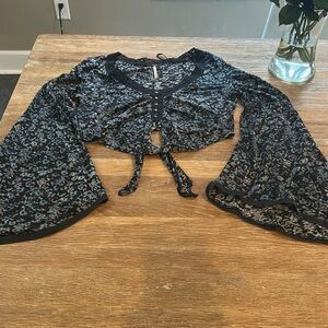 Free People Womens SP Crop Top Mesh Bell Sleeve Tie Waist Hook and Eye Close